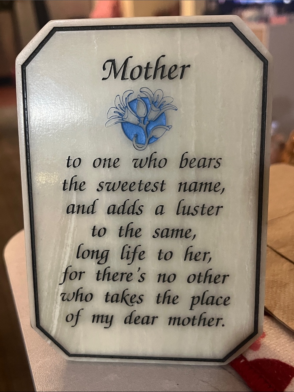 Mother Marble Handcrafted Sentiment Decorative Plaque - Blue and White